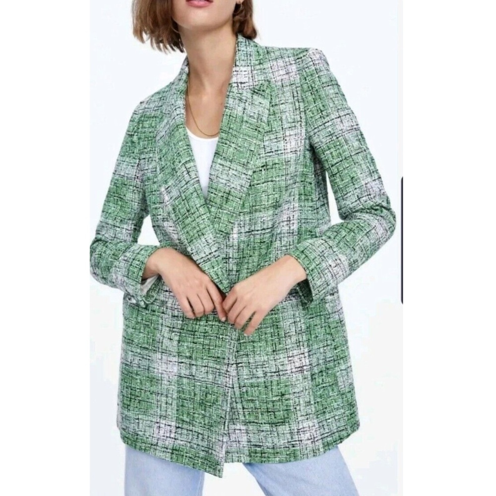 ZARA Tweed Frock Coat Double Breasted Blazer in Green Large
